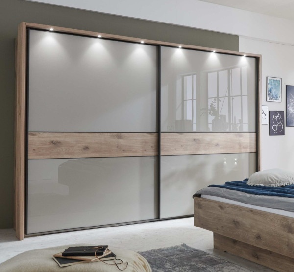 Schwebetürenschrank Treviso Glas Kieselgrau Nordic-Eiche