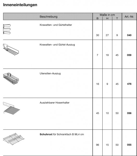 Zusatzelemente 3, Schrankinneneinteilung von Wiemann