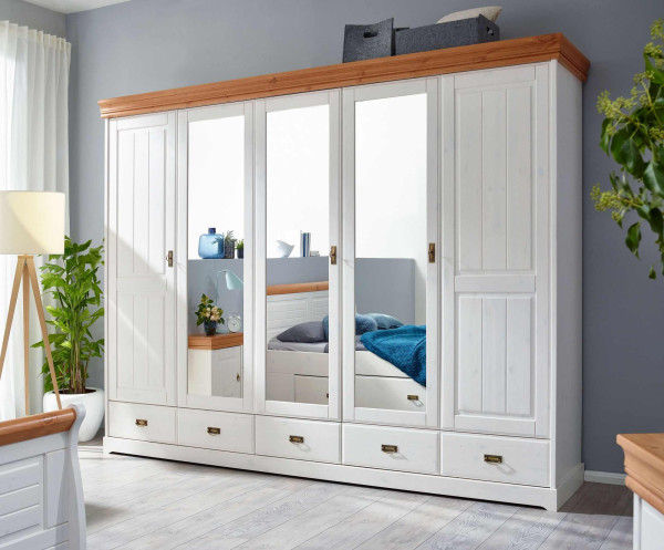 Kleiderschrank Skagen 5-türig Kiefer massiv weiß honig