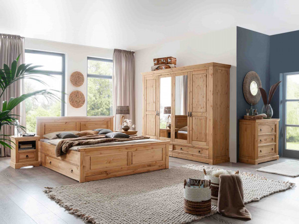 Schlafzimmer Stockholm 4-türig mit Bettschubladen Kiefer massiv eichefarbig