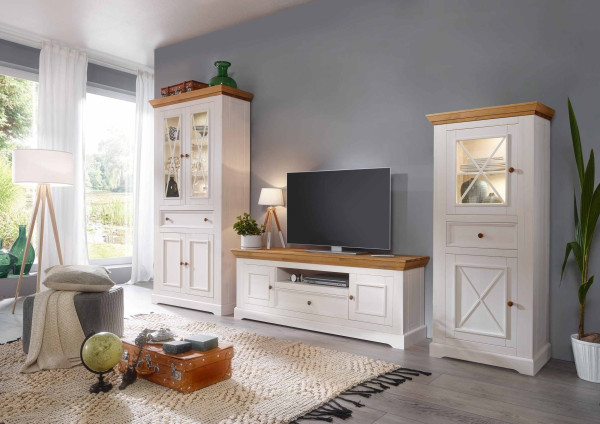 Wohnwand 5 Göteborg in Kiefer massiv weiß gewachst