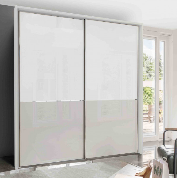 Schwebetürenschrank Shanghai 280 cm Glas weiß kieselgrau