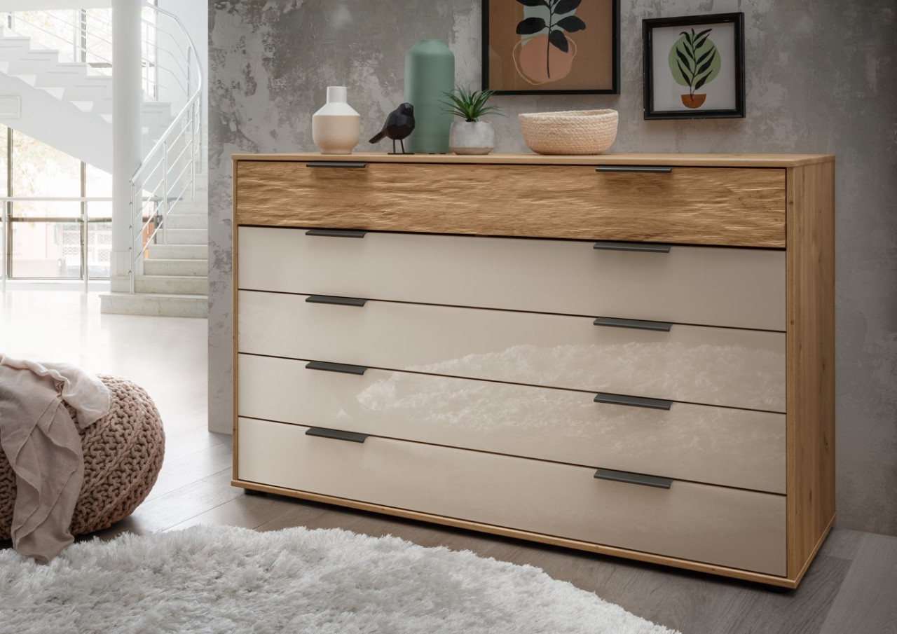Schubkastenkommode Vancouver 60 cm Glas Champagner Bianco Eiche, online kaufen